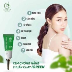 Kem chống nắng Igreen 60ml SPF50+, thành phần thuần chay, nâng Tone trắng da, kiềm dầu dành mọi loại da, khô nhạy cảm mẹ bầu mẹ bỉm tuổi dậy thì đều dùng được